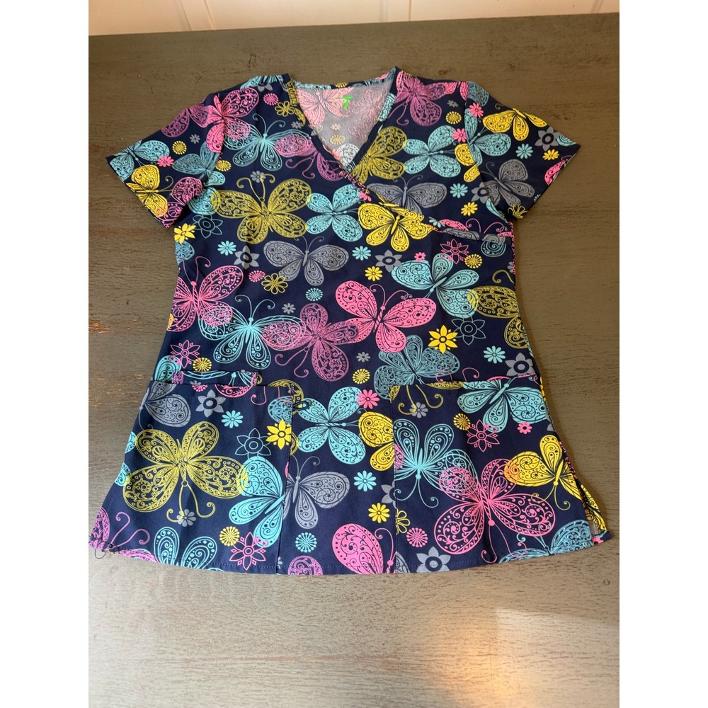 GT Performance Scrub Top Navy Blue Butterfly Floral Print Mock Wrap V-Neck Small
